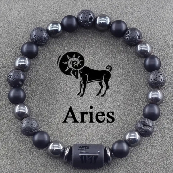 NEW ARIES Black and Gray Natural Stone Unisex Zodiac Beaded‎ Bracelet - Picture 1 of 2